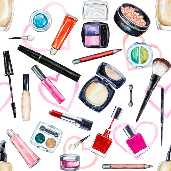 Seamless watercolor pattern with cosmetic, beauty items — Stok Foto