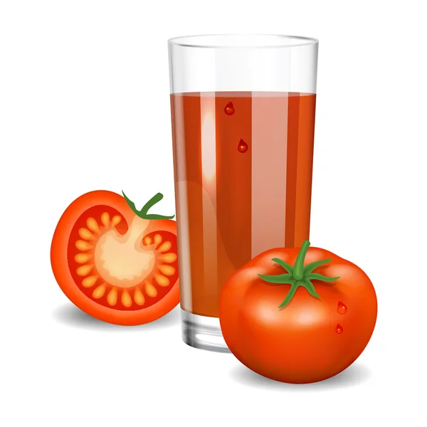 Томатный сок. Красный томатный сок в стакан. Природные растительные напитки — стоковый вектор