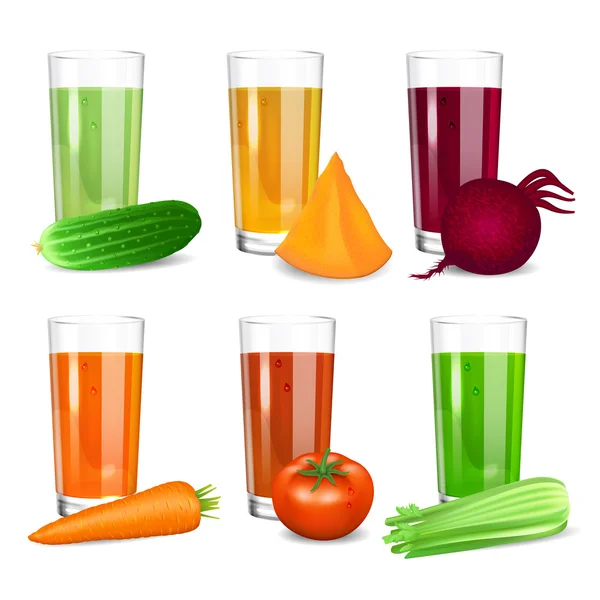 Uppsättning av vegetabiliska juicer. Gurka, tomat, morot, pumpa, rödbetor — Stock vektor