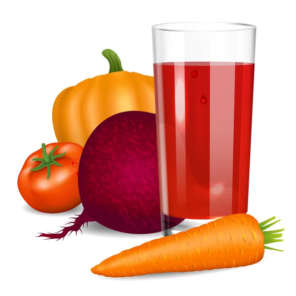 Vegetables juice. Tomato, carrot, pumpkin and beets. — Stock Vector