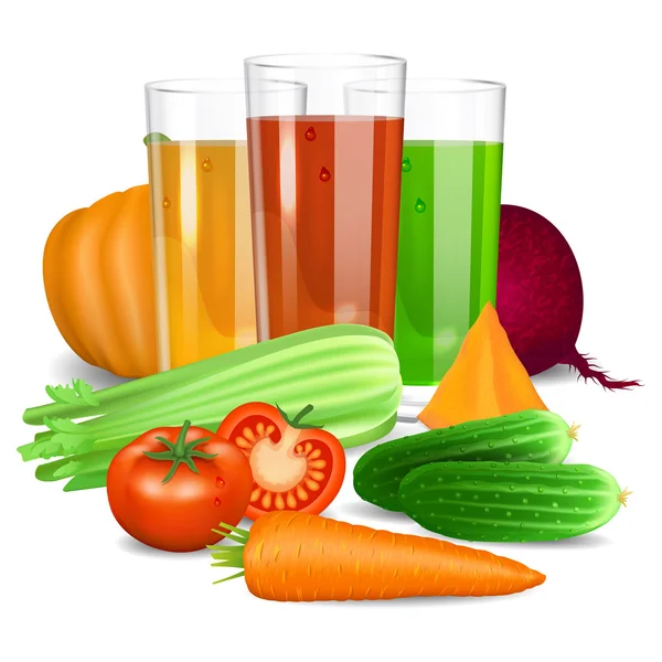 Zöldség-és gyümölcsleveket. Uborka, paradicsom, sárgarépa, sütőtök, répa — Stock Vector