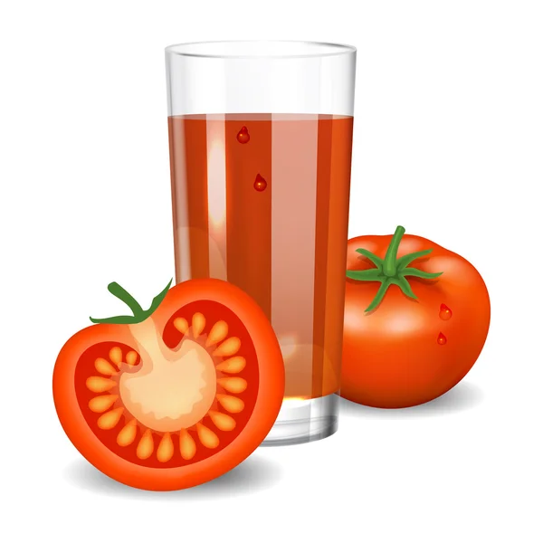 Suco de tomate. Suco de tomate vermelho em vidro. Bebida vegetal natural — Vetor de Stock