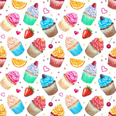 Seamless pattern with watercolor cupcakes. clipart