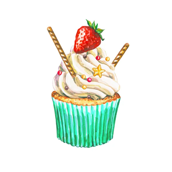 Aquarell-Cupcake. Aquarell Erdbeer cupcake. — Stockfoto