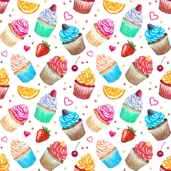 Seamless pattern with watercolor cupcakes. — Stock Photo, Image