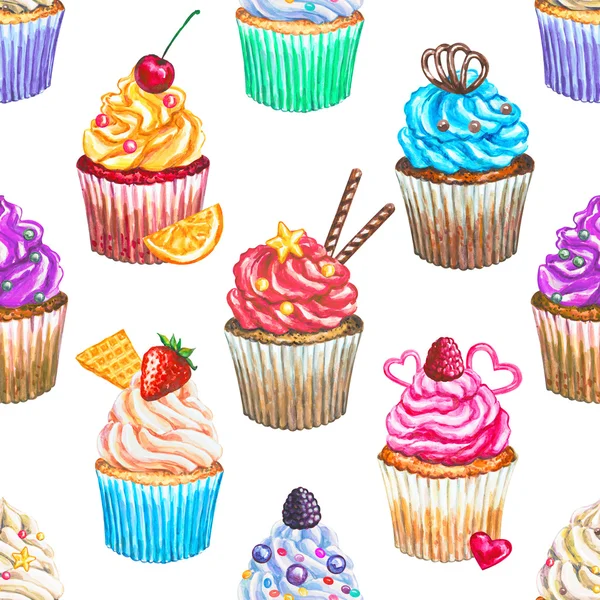 Nahtloses Muster mit Aquarell-Cupcakes. — Stockfoto