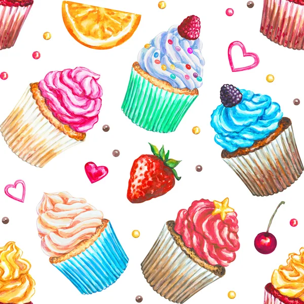 Seamless mönster med akvarell cupcakes. — Stockfoto
