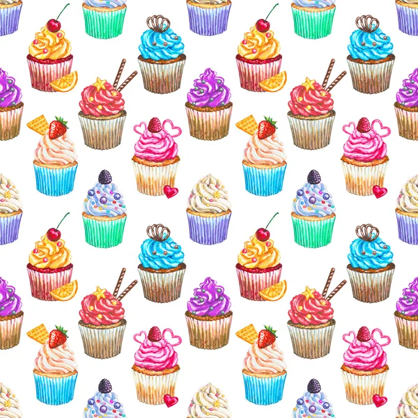 Nahtloses Muster mit Aquarell-Cupcakes. — Stockfoto
