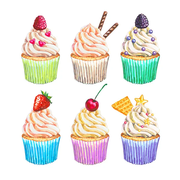 Colección cupcakes acuarela. Set de acuarela cupcakes — Foto de Stock