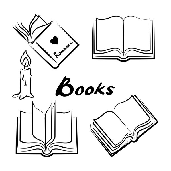 Sketch of books. Hand drawn books set. Opened and closed books. 