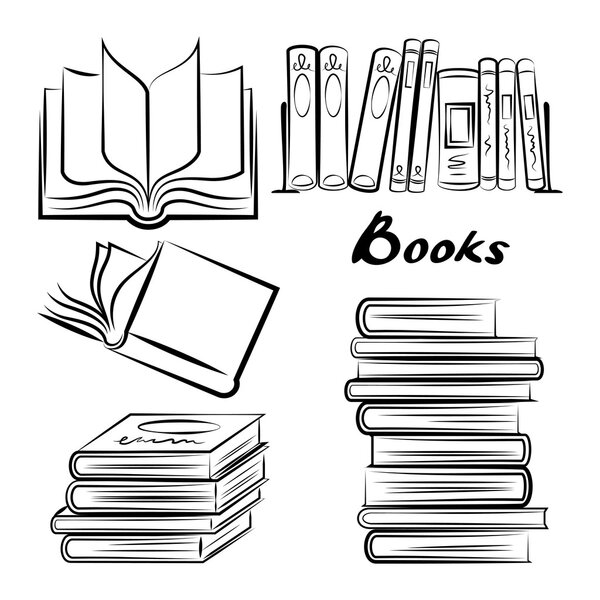 Sketch of books. Hand drawn books set. Opened and closed books. 