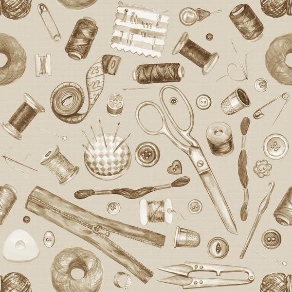Acuarela de patrones sin fisuras de diferentes herramientas de costura. Kit de costura — Foto de Stock