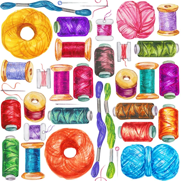 Varrat nélküli akvarell mintát a különböző varrógép orsó — Stock Fotó