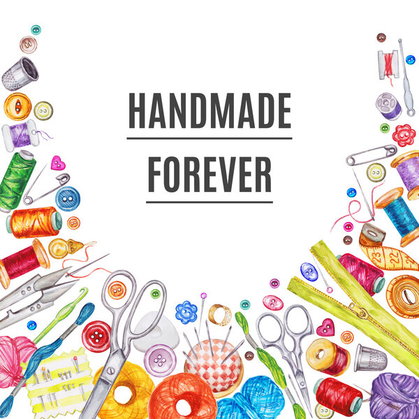 Рамка из различных акварель швейные инструменты. Швейный набор