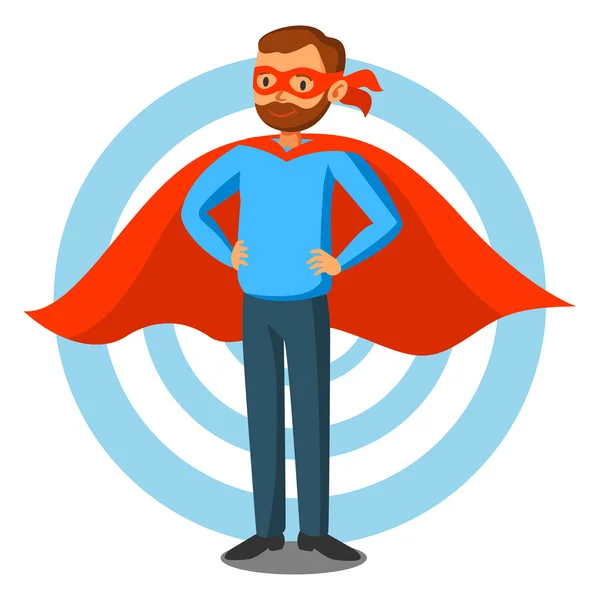 Homme super héros dessin animé en cape rouge, super-héros masculins, programmeur — Image vectorielle