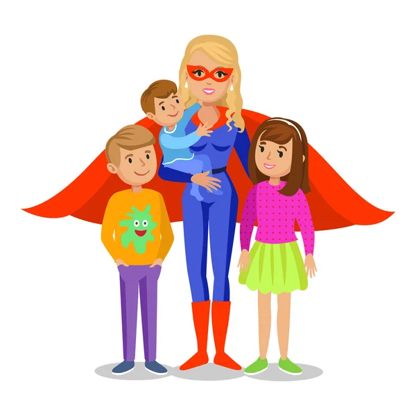 Cartoon superheld vrouw in rode cape, vrouwelijke superheld, moeder superheld — Stockvector
