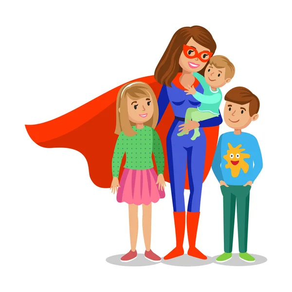 Femme de super-héros Cartoon en cape rouge, super-héros de la mère — Image vectorielle