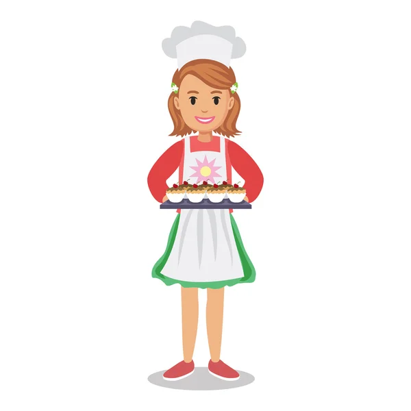 女孩抱着蛋糕，松饼，纸杯蛋糕。贝克的女孩，女孩厨师. — 图库矢量图片