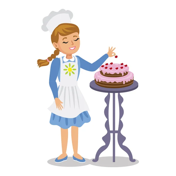 Menina decora um bolo com cerejas. Menina bonito dos desenhos animados com bolo — Vetor de Stock