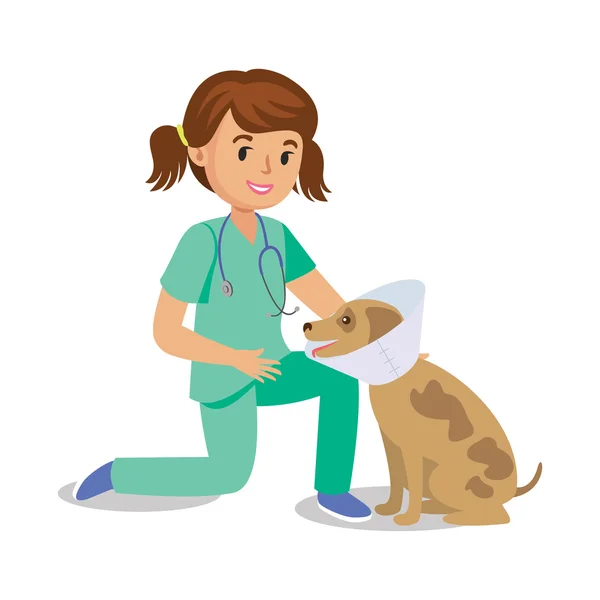 Kız holding köpek. Veteriner kız, evde beslenen hayvan doktor. Sevimli çizgi kız