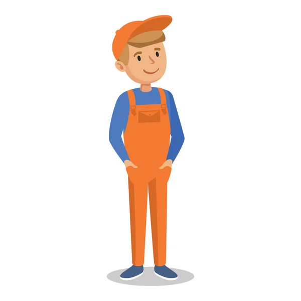 Niedlichen Cartoon Mechaniker junge in einen orangefarbenen Overall. — Stockvektor