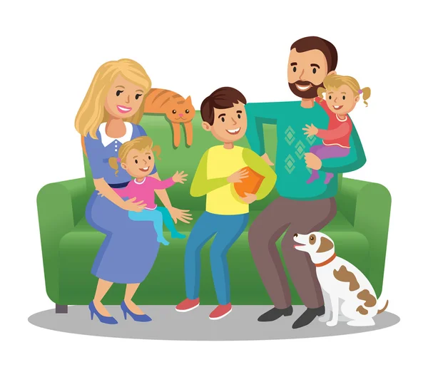 Μεγάλη οικογένεια στον καναπέ. Ευτυχισμένη οικογένεια πορτρέτο, γονείς και παιδιά — Διανυσματικό Αρχείο