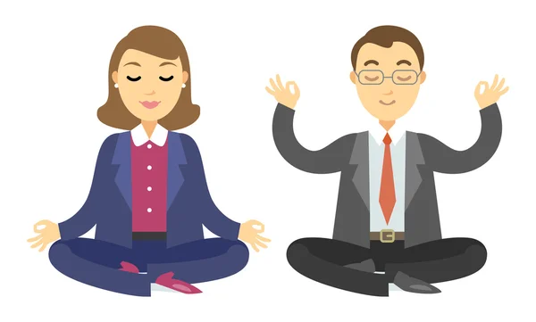 Dos empresarios haciendo meditación. Hombre y mujer haciendo yoga — Vector de stock