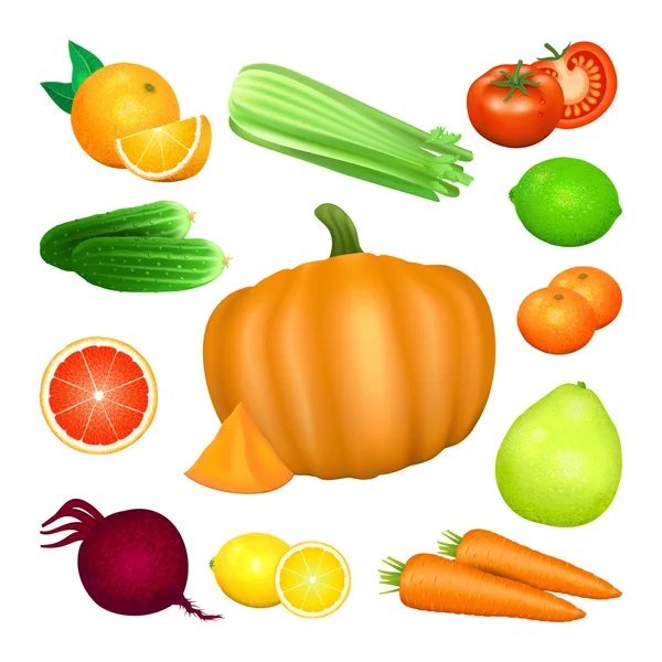 Conjunto de verduras y frutas cítricas. Tomate, zanahoria, calabaza — Vector de stock