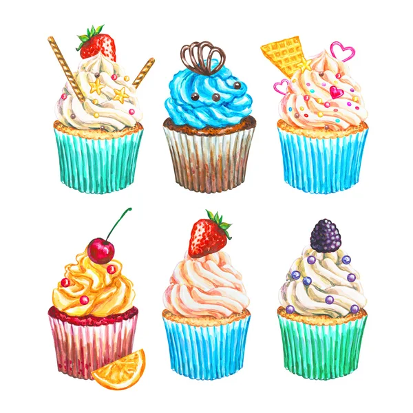 Coleção de cupcakes em aquarela. Conjunto de cupcakes em aquarela — Fotografia de Stock