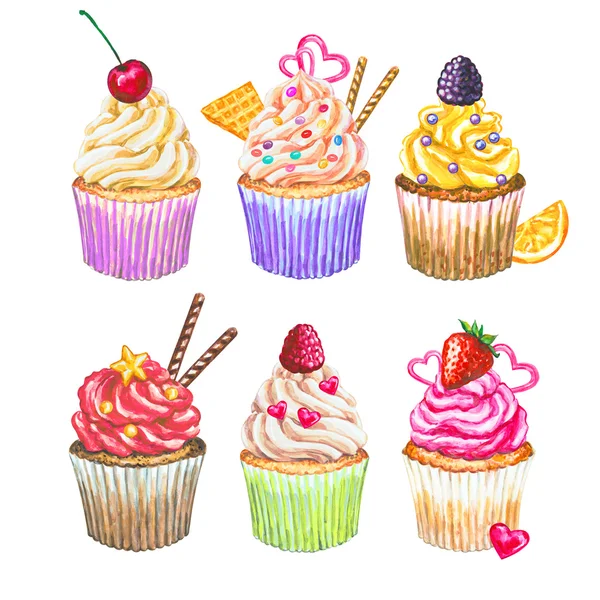 Colecția de brioșe cu acuarelă. Set cupcakes cu acuarelă — Fotografie, imagine de stoc