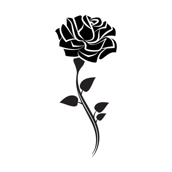 Siluetta nera della rosa con le foglie. Rosa di stile del tatuaggio. Vector — Vettoriale Stock