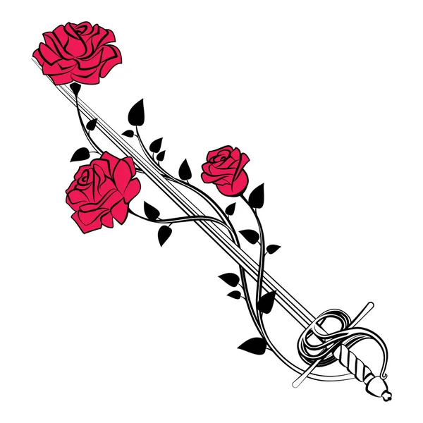 Rose decorative con la spada. Lama intrecciate le rose. Disegno floreale — Vettoriale Stock