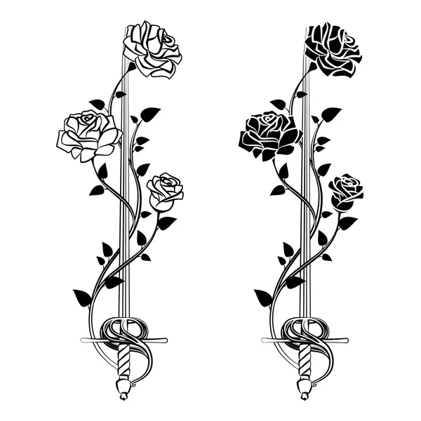 Rose decorative con la spada. Lama intrecciate le rose. Disegno floreale — Vettoriale Stock