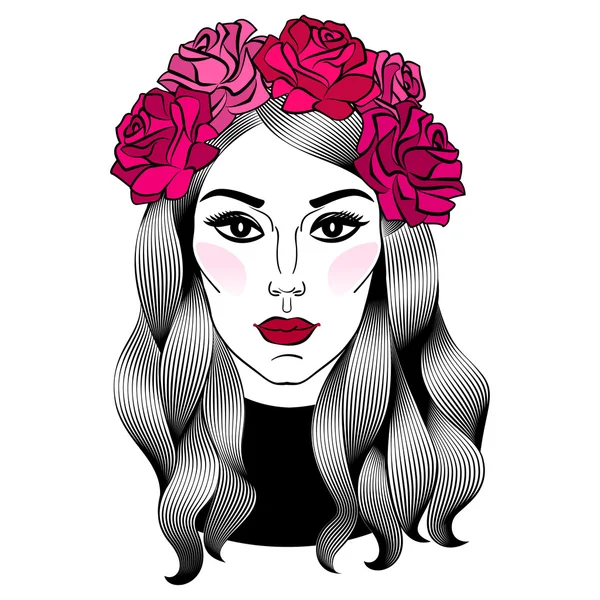 Retrato da jovem mulher bonita coroa de flores. Rosto feminino — Vetor de Stock