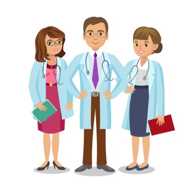 Tıbbi ekip. Üç doktor stetoskoplar, erkek ve kadın. 
