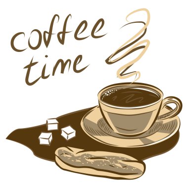 Kahve ve kek. Çizilmiş vektör çizim el.