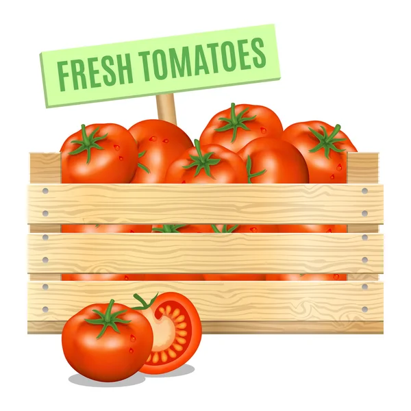 Fresh tomatoes in a wooden box on a white background. Vector — Stock Vector
