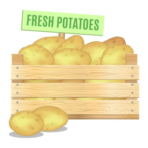 Patatas frescas en una caja de madera sobre un fondo blanco. Vector de — Archivo Imágenes Vectoriales