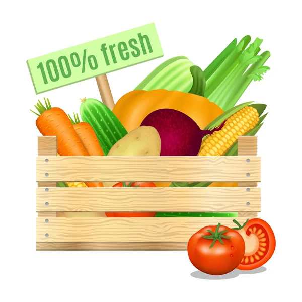 Verduras frescas en una caja de madera sobre un fondo blanco. Vector de — Vector de stock