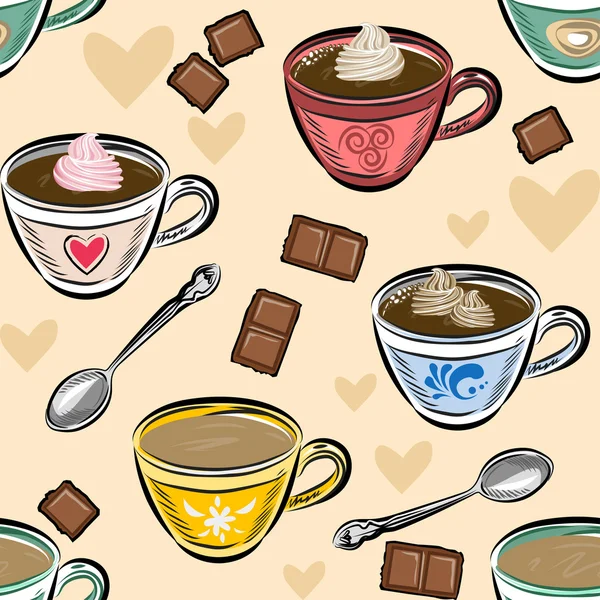 Varrat nélküli mintát kávé csésze és csokoládé. Vektoros illusztráció. — Stock Vector