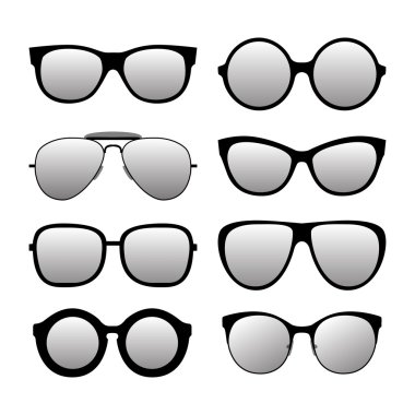 Farklı formlarda moda güneş gözlüğü. Türleri güneş gözlüğü. Vektör