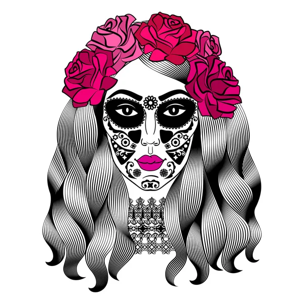 Hermosa mujer con maquillaje de calavera de azúcar. Calavera de la Catrina mexicana — Archivo Imágenes Vectoriales