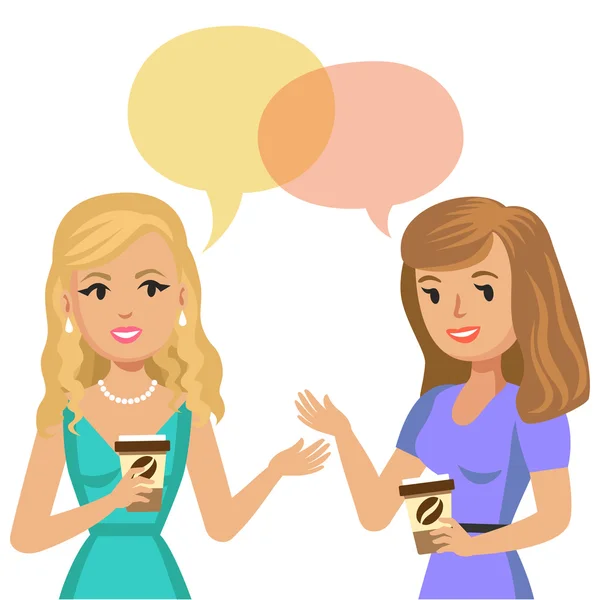 Δύο νεαρές γυναίκες που μιλούν στο café. Κορίτσια κουτσομπολιά. Συνάντηση φίλων. — Διανυσματικό Αρχείο