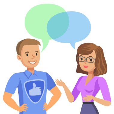 Bir bilgisayar uzmanı ile bahseden kadın. Vektör çizim.