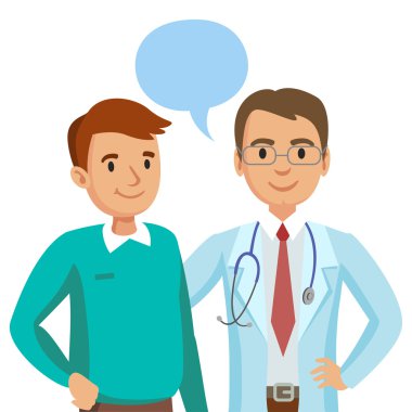 Doktor ve hasta. Hekim için konuşan adam. Vektör