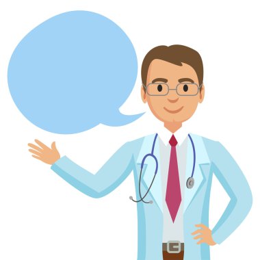 Konuşma balonu ile gülümseyen doktor. Mutlu doktor. Vektör