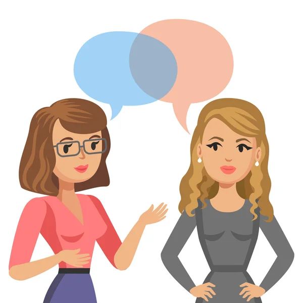 Δύο νεαρές γυναίκες μιλάμε. Συνάντηση συναδέλφους ή φίλους. Κουτσομπολιό — Διανυσματικό Αρχείο