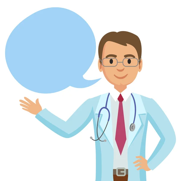 Smiling doctor with speech bubble. Happy physician. Vector — Stock Vector