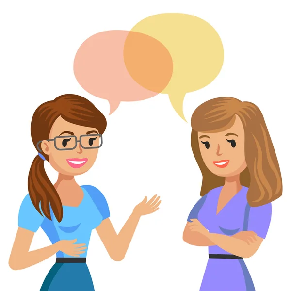 Две молодые женщины говорят. Встречи с коллегами или друзьями. Вектор — стоковый вектор