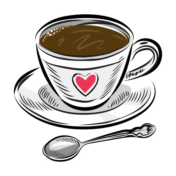 Xícara de café e colher. Mão de ilustração vetorial desenhada. — Vetor de Stock